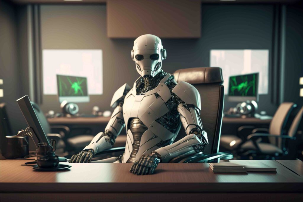 robot boss ceo sitting futuristic office ai development concept generative ai